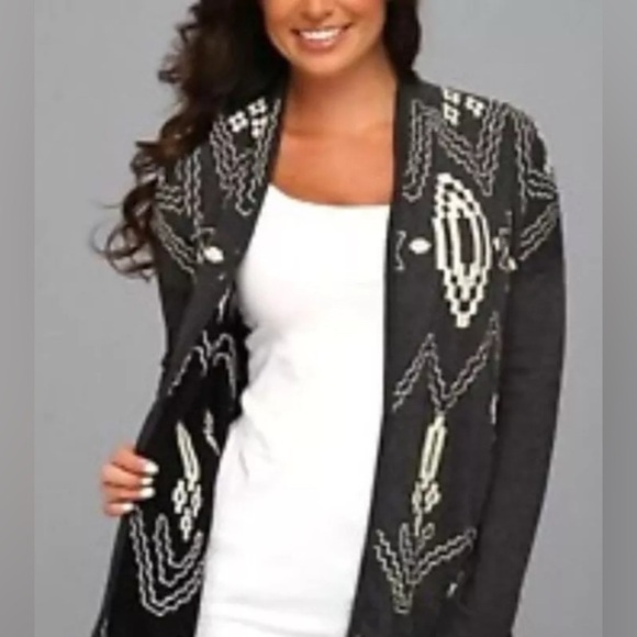 Lucky Bliss Women’s Cardigan Size S Grey Embroidered Aztec Print Boho Light - Picture 1 of 8